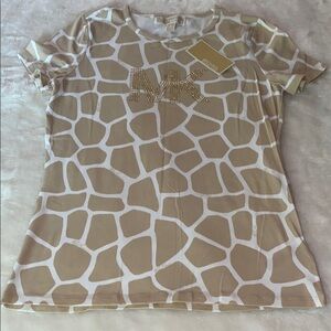 NWT Michael Kors Animal Print Crew Tee White & Tan With Gold Beaded Logo Size S